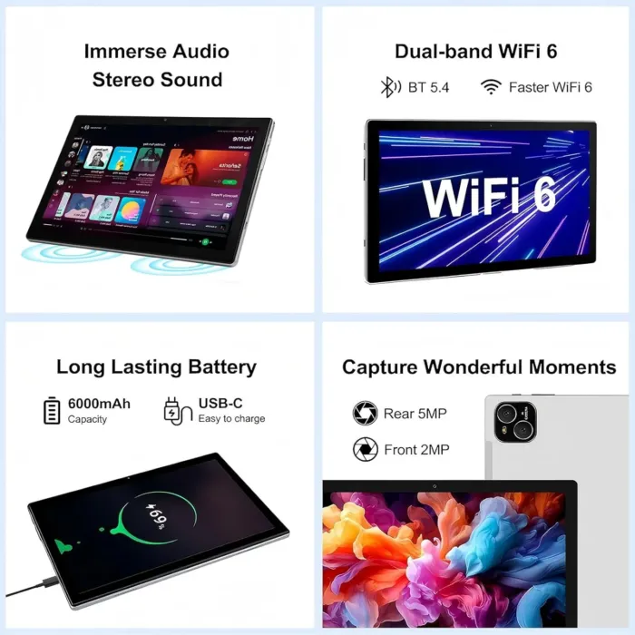 Tablet 10 inch Android 14 Tablet with Octa Core Processor 12GB RAM 64GB ROM 1TB Expandable 1280x800 IPS Touchscreen, 6000mAh Battery, WiFi 6, BT 5.4, Dual Camera (Sliver) - Image 6