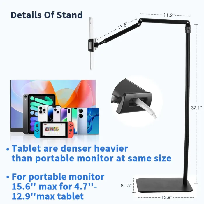 Tablet Floor Stand for ipad,Kindle,Portable Monitor Floor Stand Holder for 15.6'',16'',Overhead Bed Tablet Phone Mount Stand for Kindle,Work with 4.7''-12.9'' iPad Pro Ai Mini,Samsung Tab,Surface Pro - Image 3