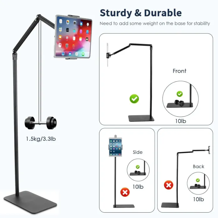 Tablet Floor Stand for ipad,Kindle,Portable Monitor Floor Stand Holder for 15.6'',16'',Overhead Bed Tablet Phone Mount Stand for Kindle,Work with 4.7''-12.9'' iPad Pro Ai Mini,Samsung Tab,Surface Pro - Image 4