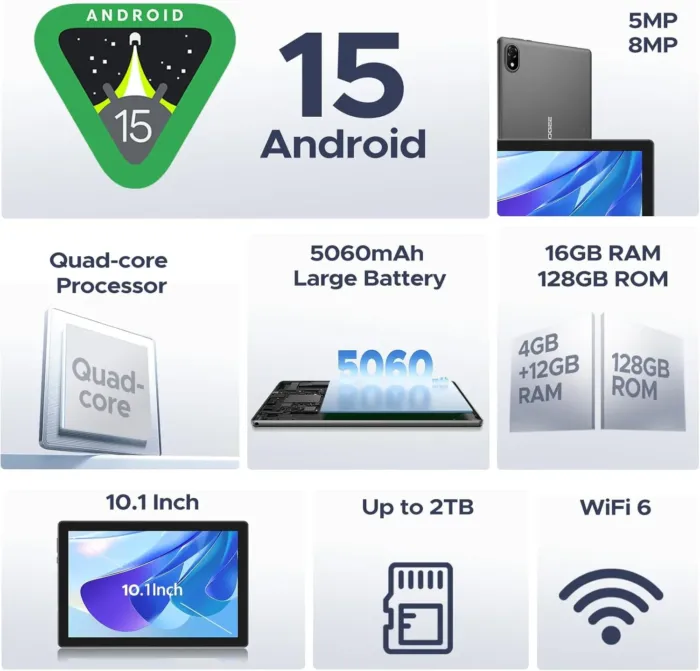 DOOGEE U10 10 inch Tablet with Keyboard, Android 15 Tablet 16GB+128GB/2TB Expand, 2.0GHz Quad Core Gaming Tablets,5060mAh,1280x800 IPS HD Touchscreen,WiFi 6,Dual Camera,BT5.0,Widevine L1,Purple - Image 3