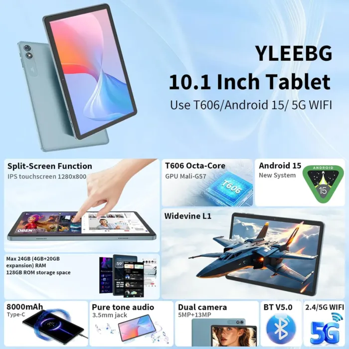 Android Tablet with Keyboard,10 inch Android 15 tablet, 24GB RAM 128GB ROM, 1TB Expand, Octa-Core, Widevine L1, 2.4G/5G WiFi, 8000mAh, Bluetooth, GMS, 2 in 1 Tablet with Case, Mouse, Stylus (Black) - Image 3