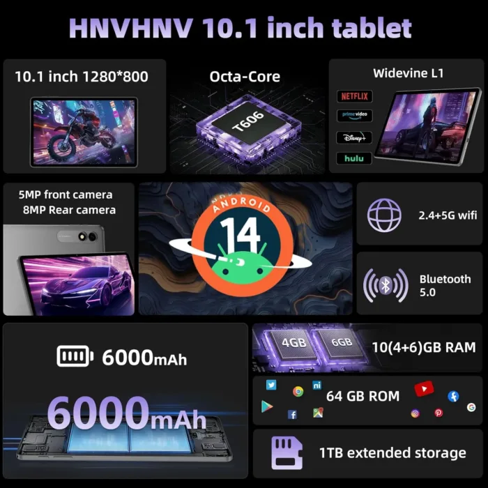 Android 14 Tablet 10.1 Inch, Octa-core, 10GB RAM 64GB ROM, 1TB Expansion, 800x1280 IPS HD Touchscreen, 6000mAh, 5MP + 8MP Dual Camera, 5G/2.4G WiFi, Bluetooth 5.0, GPS (Gray)