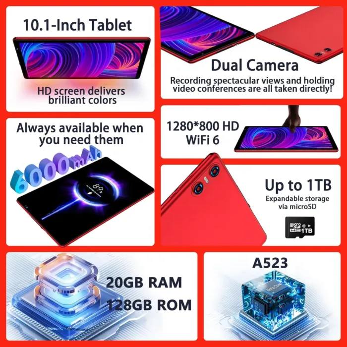 Android 14 Tablet 10.1 inch Tablets,20GB RAM 128GB ROM 1TB Expand,Octa-Core Processor,Dual Camera,WiFi 6,Bluetooth 5.0,6000mAh Long Battery Life with Keyboard/Mouse-Red - Image 7