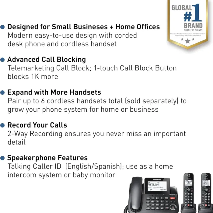 Panasonic Corded/Cordless Phone with Advanced Call Block, 2-Way Recording and Digital Answering Machine, 2 Handsets Expandable up to 6 Cordless Handsets - KX-TGF852B (Black) - Image 3