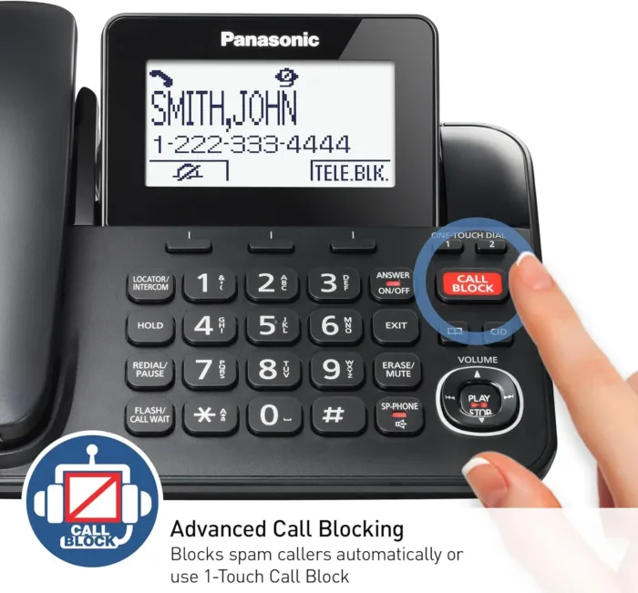 Panasonic Corded/Cordless Phone with Advanced Call Block, 2-Way Recording and Digital Answering Machine, 2 Handsets Expandable up to 6 Cordless Handsets - KX-TGF852B (Black) - Image 4