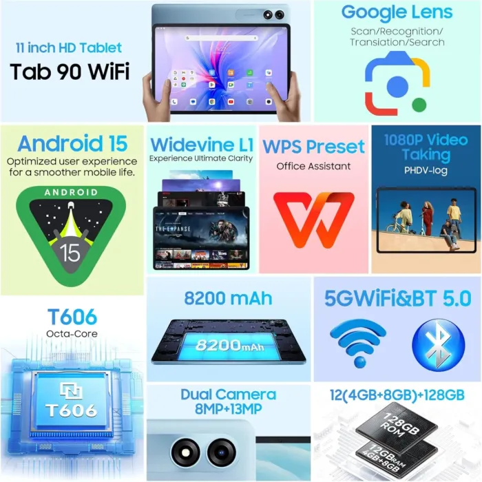 Blackview 2025 Android 15 Tablet 11 inch, Tab 90WiFi with 12GB+128GB Storage(Expand to 2TB), Unisoc T606 CPU, 8200mAh, IPS Display, Widevine L1, 5G WiFi Tablets, 13MP+8MP Camaras/Face ID, Blue - Image 4