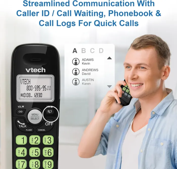 [New] VTech VG131-11 DECT 6.0 Cordless Phone - Bluetooth Connection, Blue-White Display, Big Buttons, Full Duplex, Caller ID, Easy Wall Mount, 1000ft Range (Black) - Image 5
