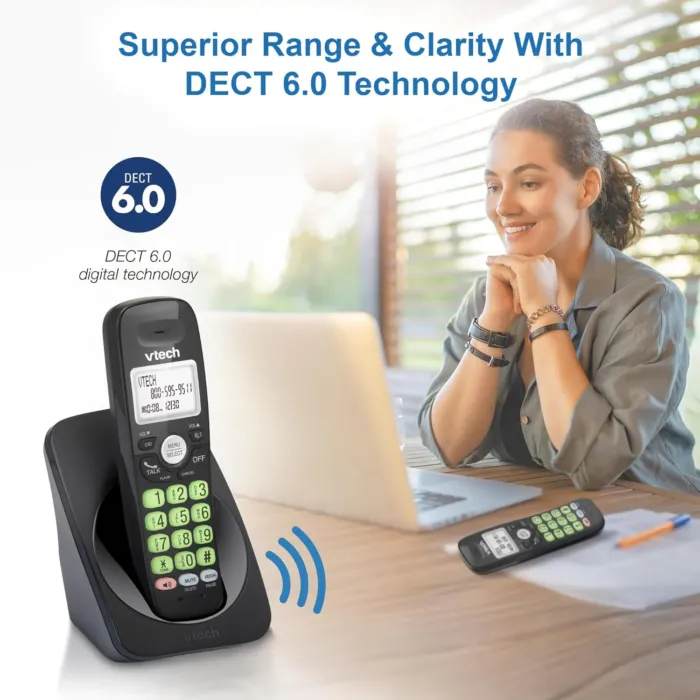 [New] VTech VG131-11 DECT 6.0 Cordless Phone - Bluetooth Connection, Blue-White Display, Big Buttons, Full Duplex, Caller ID, Easy Wall Mount, 1000ft Range (Black) - Image 6
