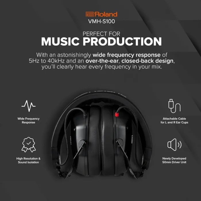 Roland VMH-S100 | Hi-Res Over-Ear Music Production Headphones | Wide Frequency Response | Incredible Sound Isolation | 50mm Driver Unit | Comfortable & Durable - Image 4