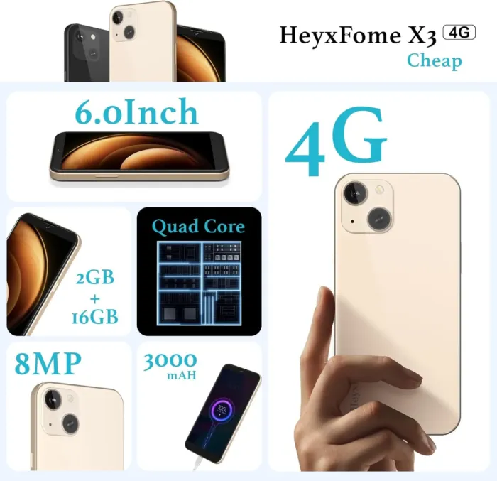 X3 2025 New Cheap 4G LTE GSM Unlocked Android Phones 6.0” Cell Phone 3000mAh Android Phone 8MP Smartphone 16GB Dual SIM for T-Mobile Only USA Market Face Unlocked (Gold) - Image 5