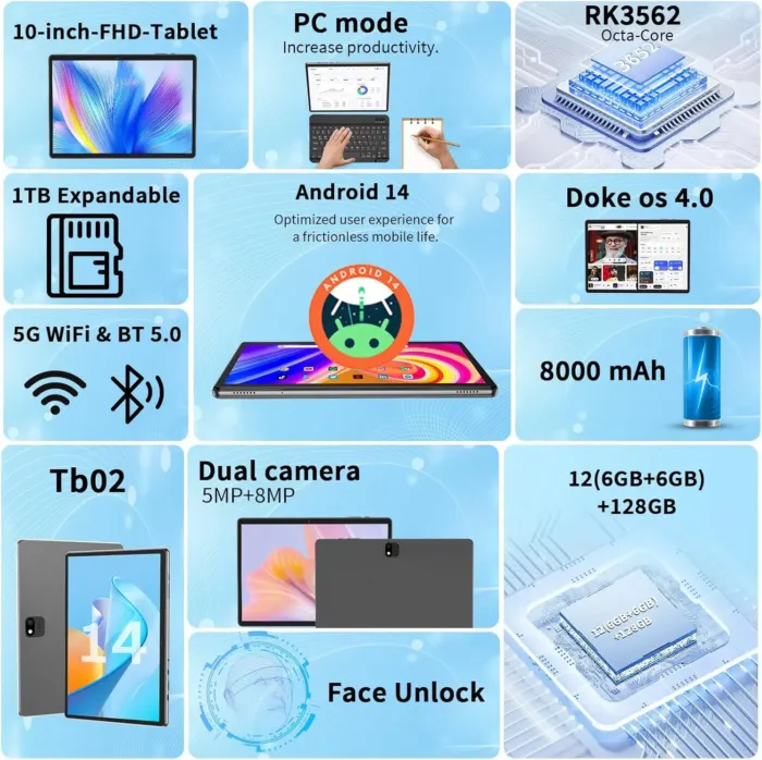 Android 14 Tablet with Keyboard, 12GB RAM (6+6), 128GB Storage, 1TB Expandable, 8000mAh Battery, 10 Inch 2-in-1 Tablets, Includes Case, Mouse & Stylus（Black） - Image 4