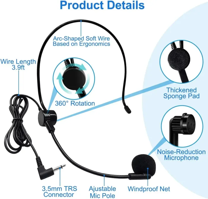 Hands Free Microphone Headset Mic,Flexible Wired Boom for Voice Amplifier, 3.5mm Connector Jack Headset Microphone for Singing,Speaking,Teachers,Coaches,Presentations, Seniors and More - Image 4