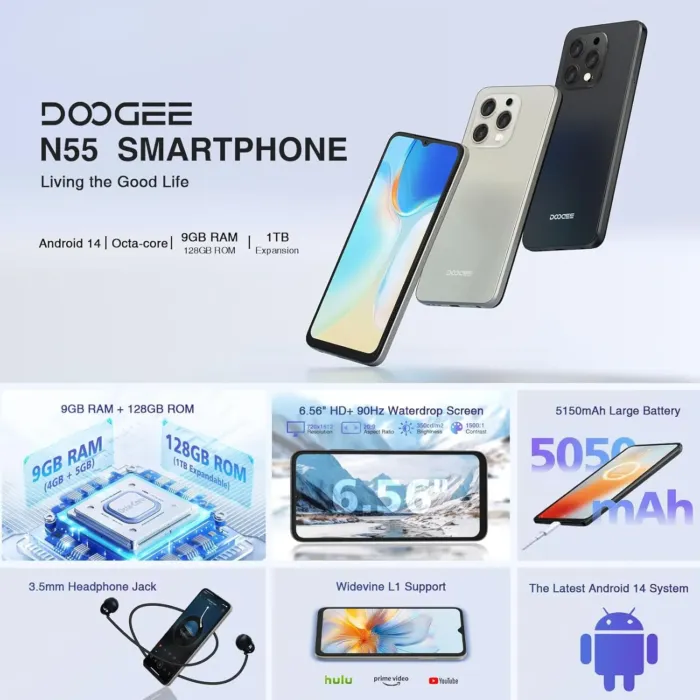 DOOGEE N55 Unlocked Cell Phone(2025), 9GB RAM+128GB ROM/1TB Android Phone, 90Hz+6.56" HD Android 14 Phone, 5150mAh, Octa Core, 13MP+8MP, 4G Dual SIM,Face Unlock,Widevine L1,OTG, T-Mobile(Natural) - Image 8