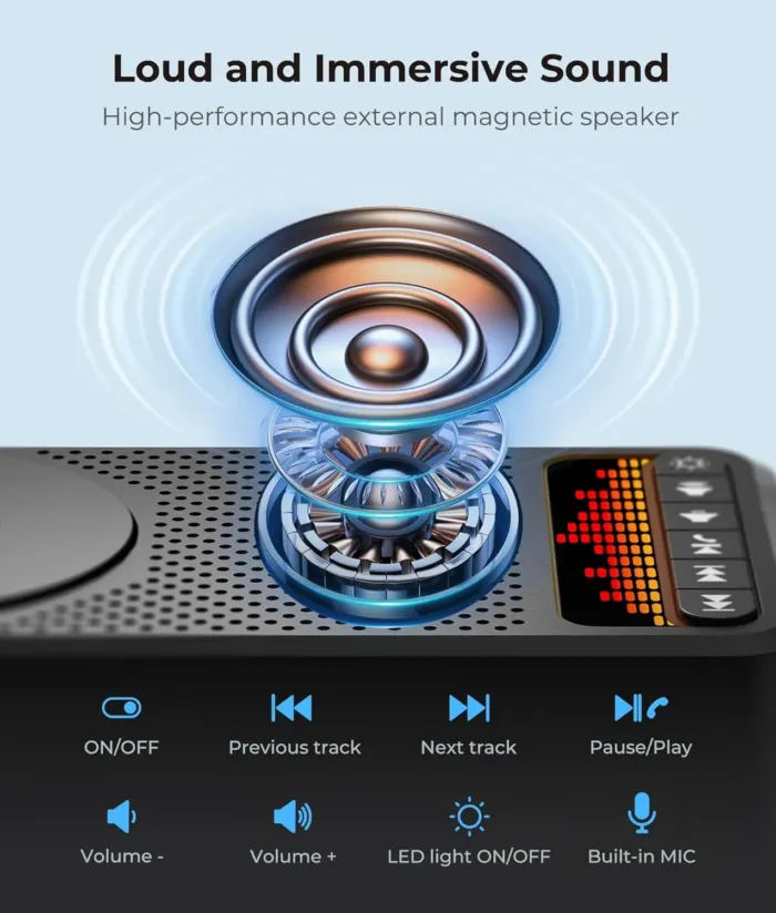 Bluetooth Speaker with Cell Phone Stand, Crystal-Clear Sound with Powerful Bass, Adjustable Holder & Dynamic LED Lights, 5000mAh Battery for 20 Hours Playtime & Power Supply, Gift for Parents - Image 3