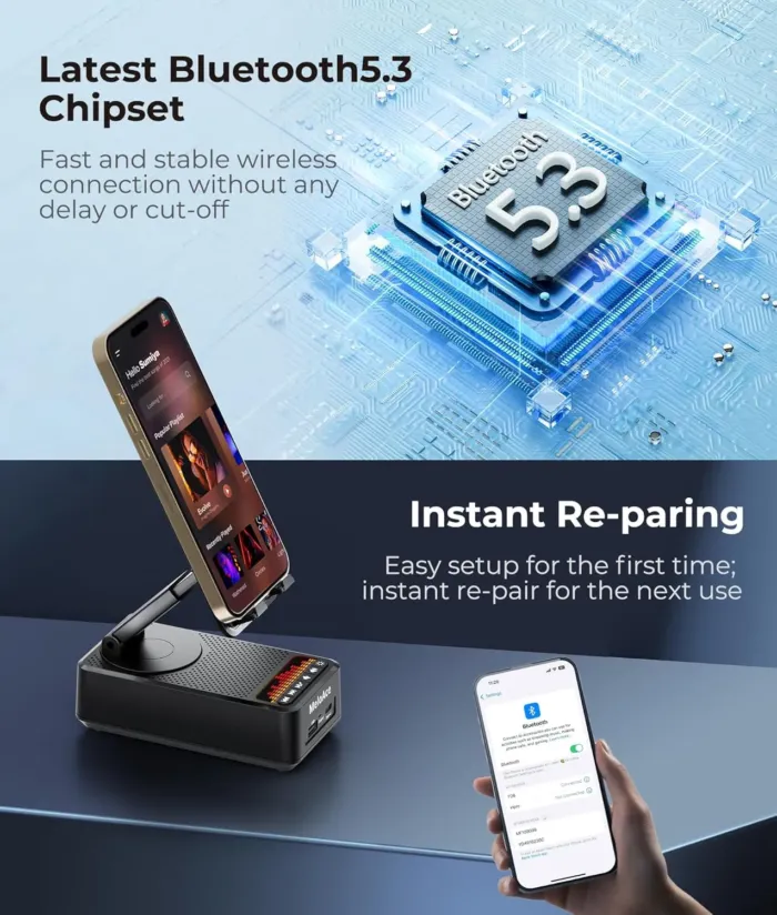 Bluetooth Speaker with Cell Phone Stand, Crystal-Clear Sound with Powerful Bass, Adjustable Holder & Dynamic LED Lights, 5000mAh Battery for 20 Hours Playtime & Power Supply, Gift for Parents - Image 6