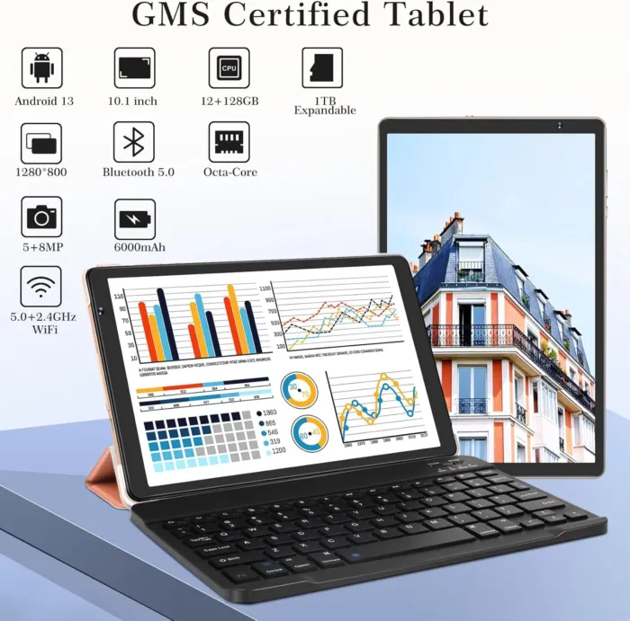 SEBBE Tablet 10 Inch, 2025 Android 13, 12GB RAM + 128GB ROM TF 1TB, Octa-Core 2.0 GHz, Bluetooth 5.0 | 5G WiFi | 6000mAh | 1280 * 800 | 5MP+8MP, with Keyboard and Mouse Gold - Image 3
