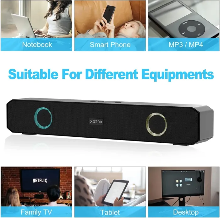 Portable Wireless Speaker Home Bluetooth Sound Bar with Multi-Color Flashing Lights Compatible for PC, Laptop, Smartphones (Black) - Image 3
