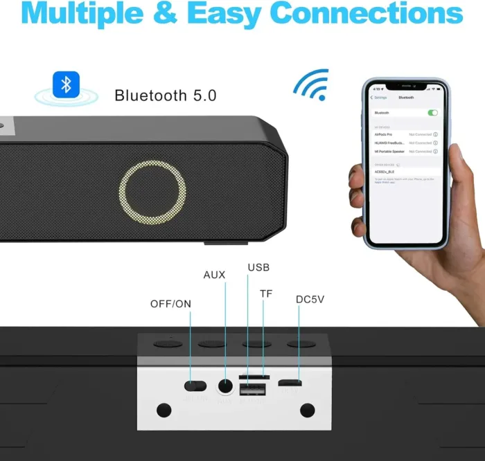 Portable Wireless Speaker Home Bluetooth Sound Bar with Multi-Color Flashing Lights Compatible for PC, Laptop, Smartphones (Black) - Image 4