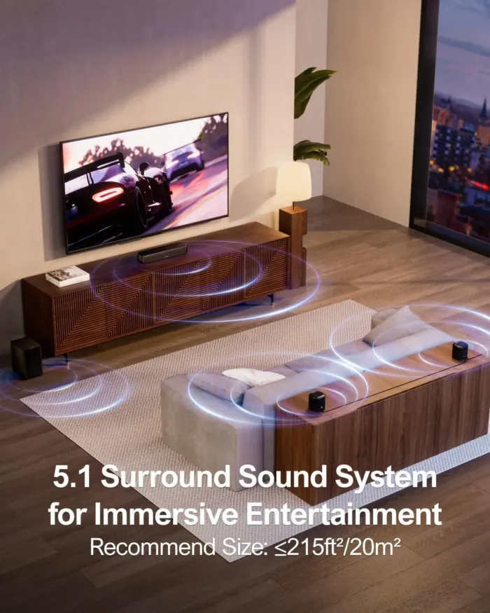 ULTIMEA 5.1ch Sound Bar for Smart TV, Virtual Surround Sound System for TV, App Control, Home Theater Sound System, TV Soundbar with Subwoofer, 2 Surround Speakers, Peak Power 250W, Opt/AUX, Aura A30 - Image 3