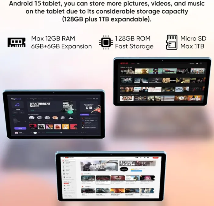 2025 Android 15 Tablet 11inch, 12GB+128GB+512GB, Support Face Unlock,18W Fast Charging with 8000mAh Large Battery,Dual WiFi6, Dual Camera,Octa-Core CPU, Bluetooth,HD Touchscreen Display - Image 5