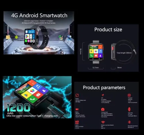 4G 3+32GB SMART WATCH 2.64" HD Screen,5MP +5MP Dual cameras SIM GPS Android 11.0