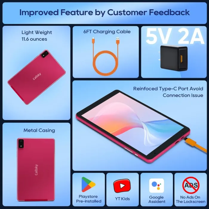 8 inch Tablet, 2 Years Protection Metal Body Octa-Core Processor Android 14 Tablet , 8(3+5)GB RAM, 4000mAh Battery, 64GB Storage, 6 FT Charging Cable, Reinforced Type-C Port, Dual-speakers, Pink - Image 5