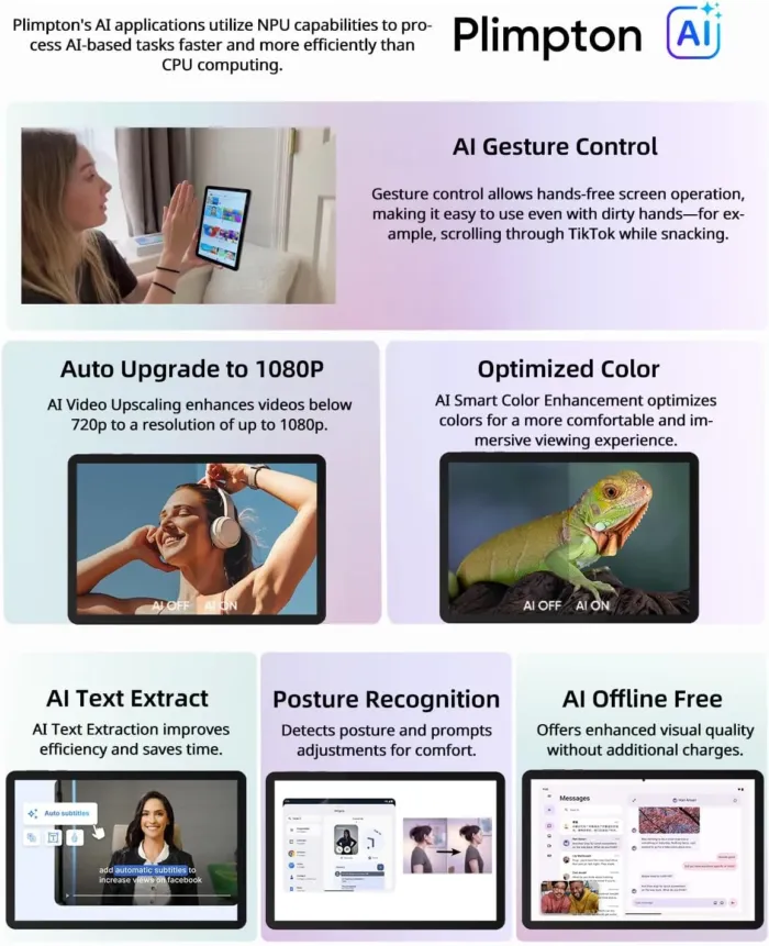 plimpton 2025 AI-Powered 10 Inch Android 15 Tablet – 24(8+16) GB RAM+128GB ROM, Upgraded 7500mAh Battery(50% Bigger Than Average), Gesture Control, Octa-Core CPU, PlimPad P2 - Image 5