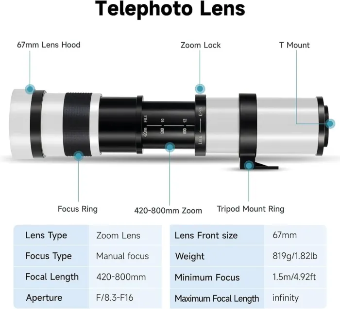 JINTU Telephoto Lens 420-800mm f/8.3 Manual for Canon EF Mount T7i T6 T6i T6s T7 T8i T3i, T4i, T5, T5i, SL2, SL1 4000D 2000D 80D 90D 5D III 6D 7D II 60D 70D 250D 750D 760D 1200D 1300D 2000D Cameras - Image 5