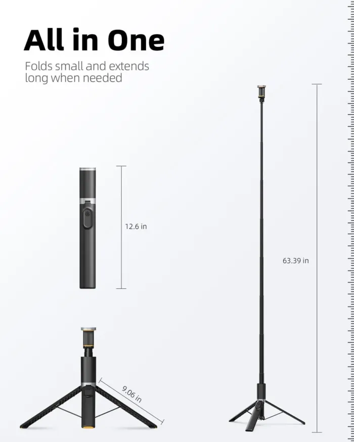 TODI 63" Cell Phone Selfie Stick Tripod, Portable Tripod for iPhone with Wireless Remote, Extendable Smartphone Stand, All-in-1, Compatible with iPhone/Android - Image 8