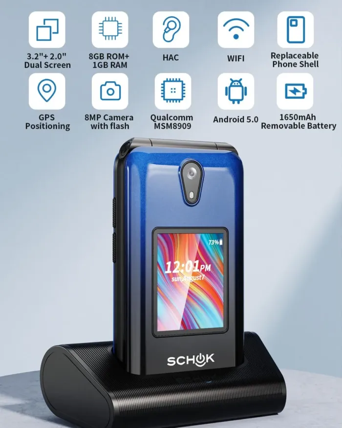 Schok 4G Flip Phone Unlocked, 3.2" Dual Screen Flip Phones for Seniors & Kids, Burner Phone for Travel with SpeedTalk SIM Card Included, AT&T/T-Mobile Compatible, Replaceable Shells (Blue/Red) - Image 3