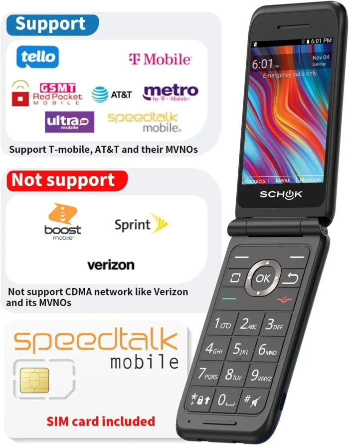 Schok 4G Flip Phone Unlocked, 3.2" Dual Screen Flip Phones for Seniors & Kids, Burner Phone for Travel with SpeedTalk SIM Card Included, AT&T/T-Mobile Compatible, Replaceable Shells (Blue/Red) - Image 4