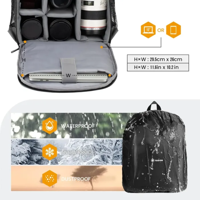 TARION Camera Backpack Bag Small - Professional DSLR Camera Bag with Waterproof Rain Cover Laptop Compartment Photograhy Backpack Case Black TB-S - Image 7