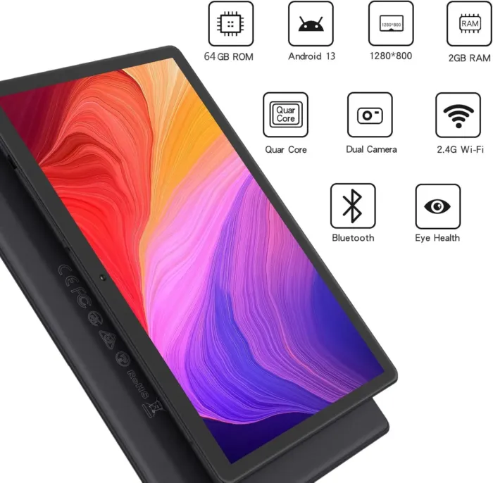 PRITOM 10'' Tablet Android 13 Phone Tablet with SIM Slot, 64GB Quad Core, IPS Touchscreen, 8MP Rear Camera WiFi GPS Bluetooth USB C, Support 3G Phone Call, Black - Image 3