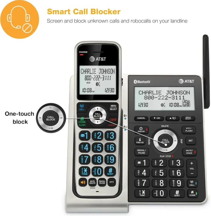AT&T Cordless Phone 5 Handset with Bluetooth, Landline Phones for Home, Answering System, Smart Call Blocker, DECT 6.0 Extended Range, 2" Backlit Screen, Lighted Keypad with Big Buttons, BL3107-5 - Image 3