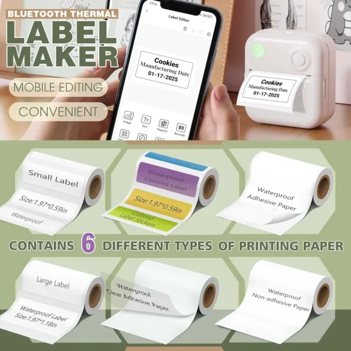 Label Maker Machine with 6 Waterproof Tapes, Thermal Label Maker, Portable Mini Bluetooth Label Printer with Clear Tape for Home, Kitchen, School, Office Organization - Image 3