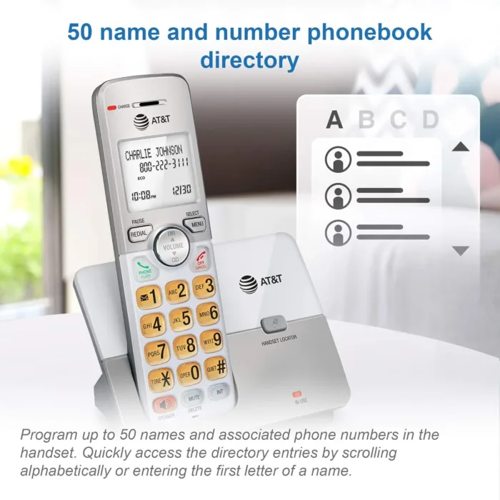 AT&T EL51203 2 Handset DECT 6.0 Cordless Home Phone Full-Duplex Handset Speakerphone, Backlit Display, Lighted Keypad, Caller ID/Call Waiting, Phonebook, Eco Mode, Voicemail Key, Quiet Mode,Intercom - Image 7