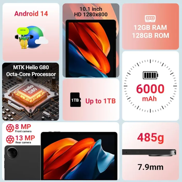 2025 Google Tablet 10.1" Android 14, MTK Helio G80 Octa-Core 12GB RAM 128GB, HD IPS Touchscreen, Wi-Fi 6, BT 5.0, 6000mAh Battery, Dual Camera, Stand Case, Widevine L1, Gray - Image 3