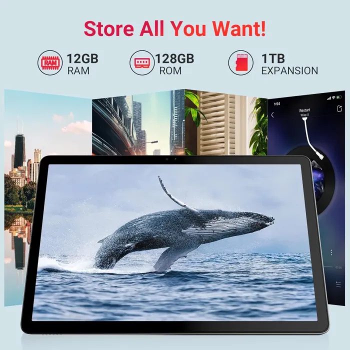2025 Google Tablet 10.1" Android 14, MTK Helio G80 Octa-Core 12GB RAM 128GB, HD IPS Touchscreen, Wi-Fi 6, BT 5.0, 6000mAh Battery, Dual Camera, Stand Case, Widevine L1, Gray - Image 5