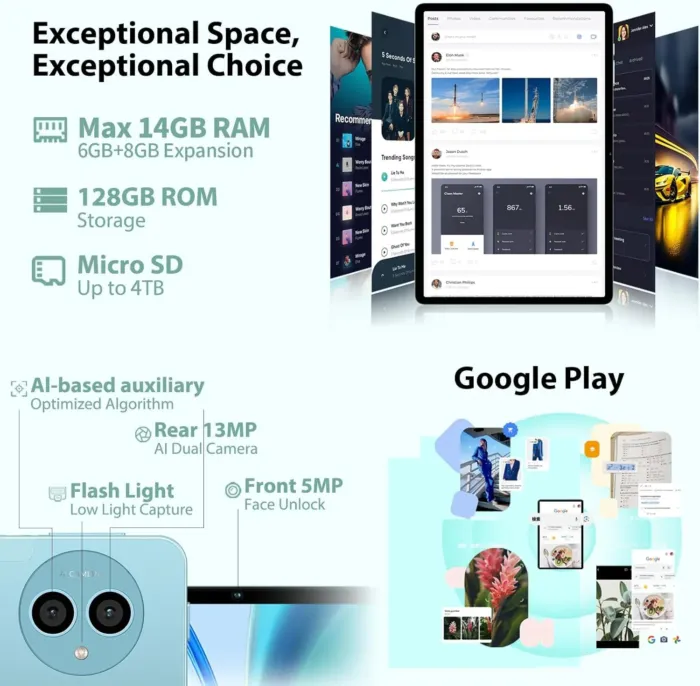 TECLAST Tablet 11 inch Android 14 Tablets, P50 14GB+128GB,1TB Expand, Widevine L1 Compatible 8-Core Tablet with 5G WiFi, 8000mAh Battery, 13MP Camera, 11" IPS Big Screen, GPS - Image 5