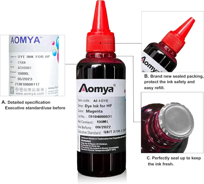 Aomya Ink Refill kit 5x100ml for Canon 250 251 270 271 280 281 1200 2200 PG240 CL241 PG245 CL246 PG210 Refillable Ink Cartridge CIS CISS System with 5 Syringes (PBK, BK, C, M, Y) - Image 3