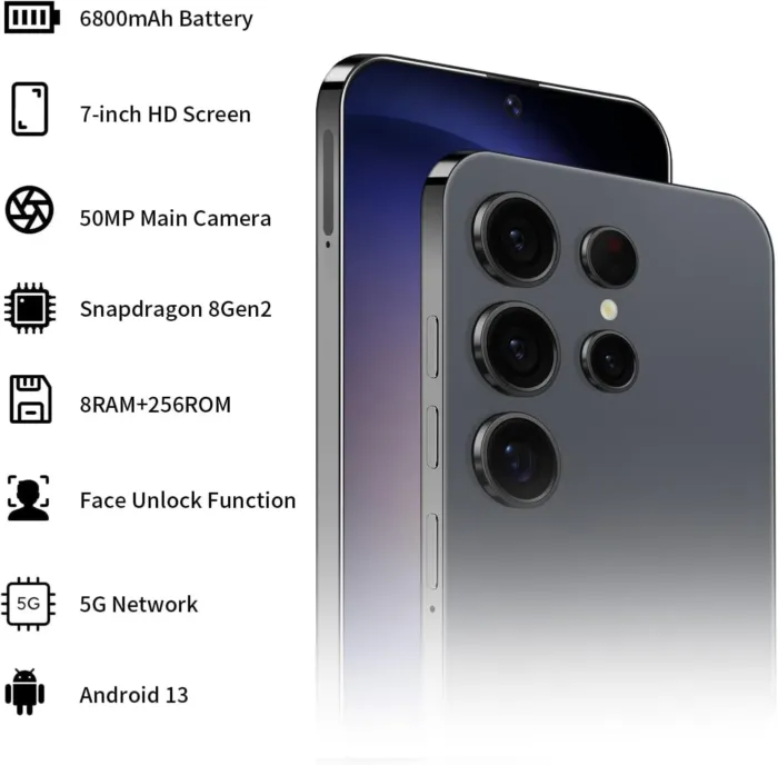 U24 Ultra Unlocked Phone 8GB+256GB Android Cell Phone 7 inch HD Screen Mobile Phone 50MP+24MP Camera 6800 mAh Extra Large Battery 5G Dual SIM (Titanium Black) - Image 3