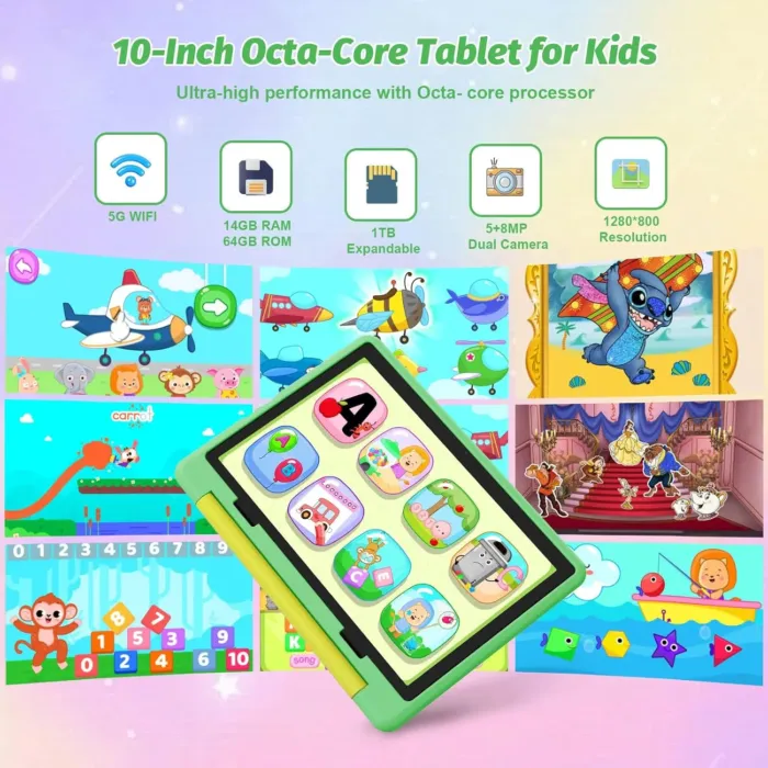 Kids Tablet 10 Inch Android 14 Tablet for Kids Ages 3-12, Octa-Core with Case, Parental Controls,14GB+64GB Storage (TF Expand 1TB), 5G WiFi, BT5.3, Green - Image 4
