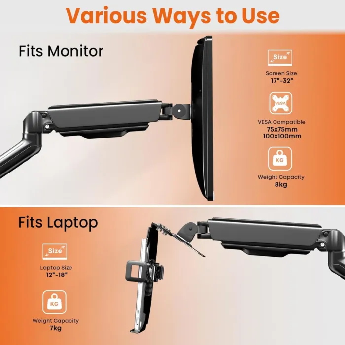 2-in-1 Laptop Wall Mount with Detachable Tray | Gas Spring Adjustable Arm for 12-17 Inch Laptops & Monitors | Full Motion Articulating Stand | Holds 2.2-19.8 lbs (Black) - Image 3
