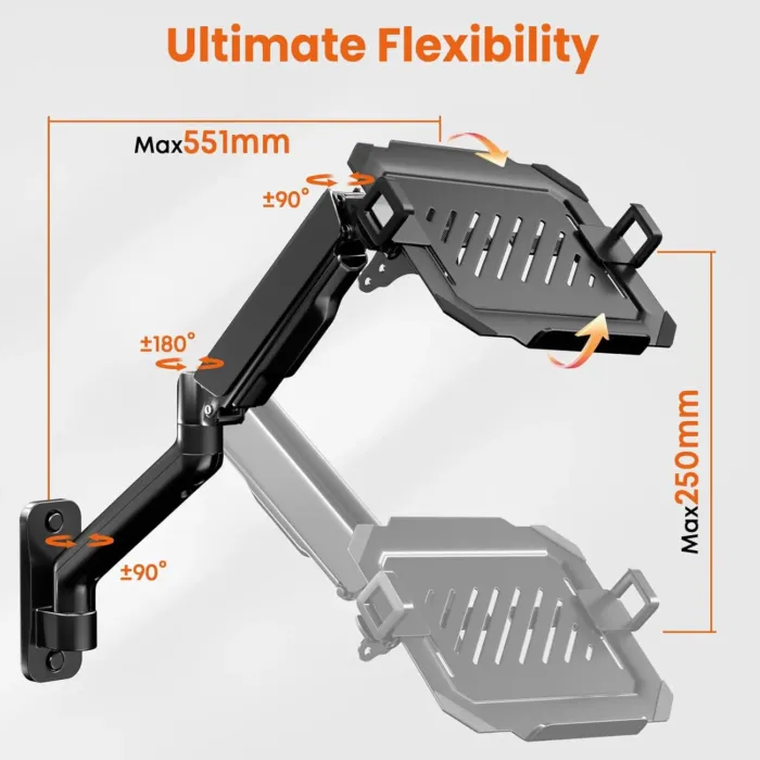 2-in-1 Laptop Wall Mount with Detachable Tray | Gas Spring Adjustable Arm for 12-17 Inch Laptops & Monitors | Full Motion Articulating Stand | Holds 2.2-19.8 lbs (Black) - Image 5