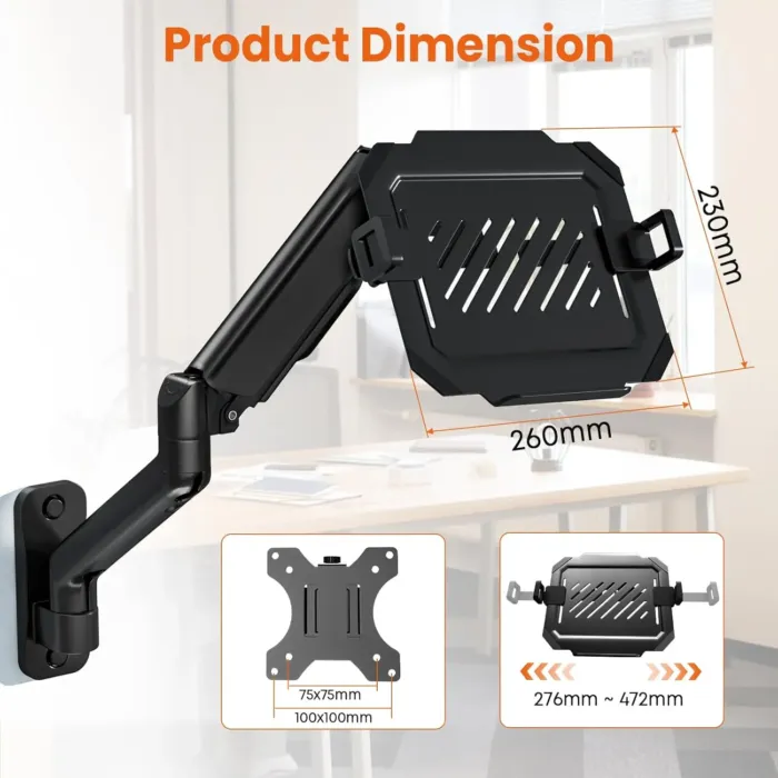 2-in-1 Laptop Wall Mount with Detachable Tray | Gas Spring Adjustable Arm for 12-17 Inch Laptops & Monitors | Full Motion Articulating Stand | Holds 2.2-19.8 lbs (Black) - Image 7