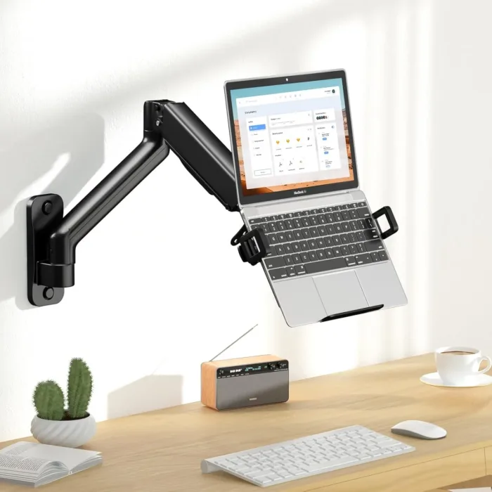 2-in-1 Laptop Wall Mount with Detachable Tray | Gas Spring Adjustable Arm for 12-17 Inch Laptops & Monitors | Full Motion Articulating Stand | Holds 2.2-19.8 lbs (Black) - Image 8