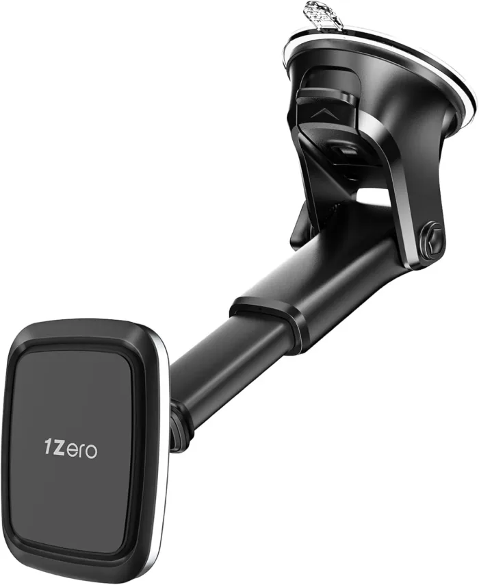1Zero Magnetic Phone Car Mount with Quick Extension Telescopic Arm, Hands-Free Windshield Dashboard Cell Phone Holder for Car Compatible with iPhone Smartphone, Sticky Suction Cup, 6 Strong Magnets