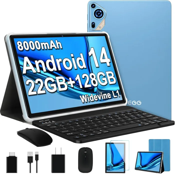 2025 Android 14 Tablet 10 inch Octa-Core Tablets with 22GB RAM+128GB ROM(Expand to 1TB),8000mAh Large Battery,1280x800 IPS HD Touch Screen,Support Widevine L1,Keyboard & Mouse Included-Metal Blue - Image 2