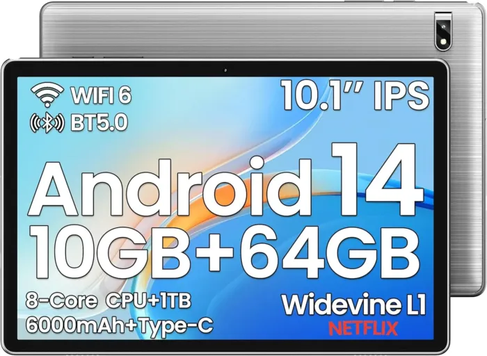 2025 Android Tablet 10 inch, Android 14 Tablets, Octa-Core, 10GB RAM + 64GB ROM (1TB Expand), 6000mAh Battery, 2.4G+5G Wi-Fi 6, 2MP+8MP Cameras, Bluetooth, 1280x800 FHD IPS (Gray) - Image 2