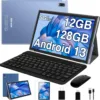 2025 Android Tablet with Keyboard 12GB RAM 128GB ROM 1TB Expand, Octa-Core, 8000mAh 10 Inch Android 13 Tablets with 5G+2.4G WiFi, HD IPS Touchscreen, Case, Mouse, GPS, Split Screen, Metal Body -Blue